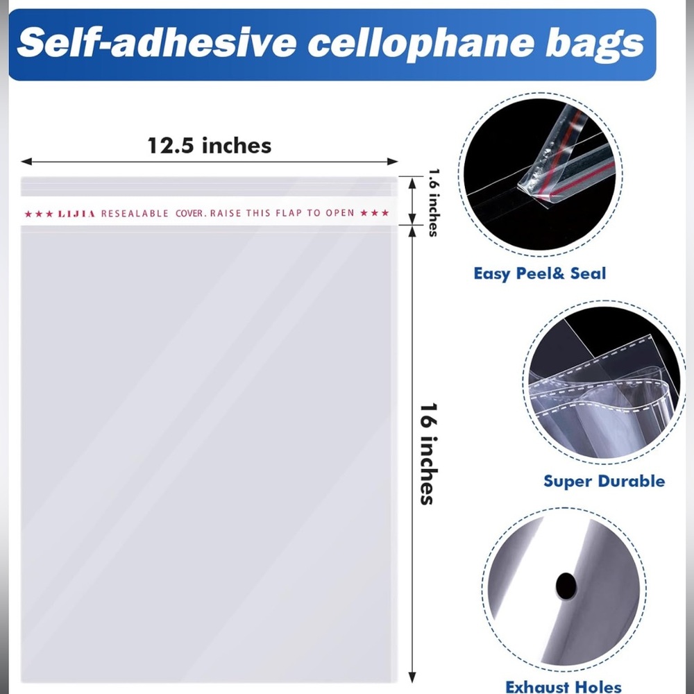25 count Clear Cellophane Bags Self Adhesive 12 x 16 New Shipping Supply - Picture 2 of 4